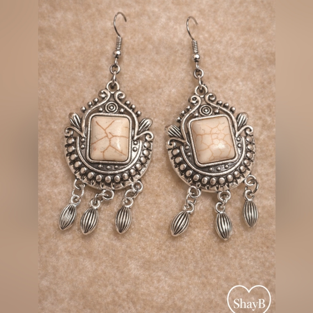 Silver and Cream Crackle Stone Dangle Earrings